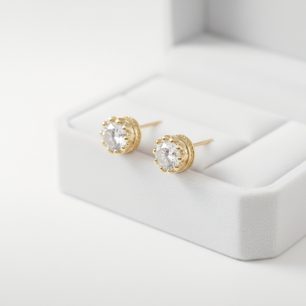 Sterling Forever 1/4" NEW Earrings 925 Silver CZ Gold Plated Crown Pierced Studs